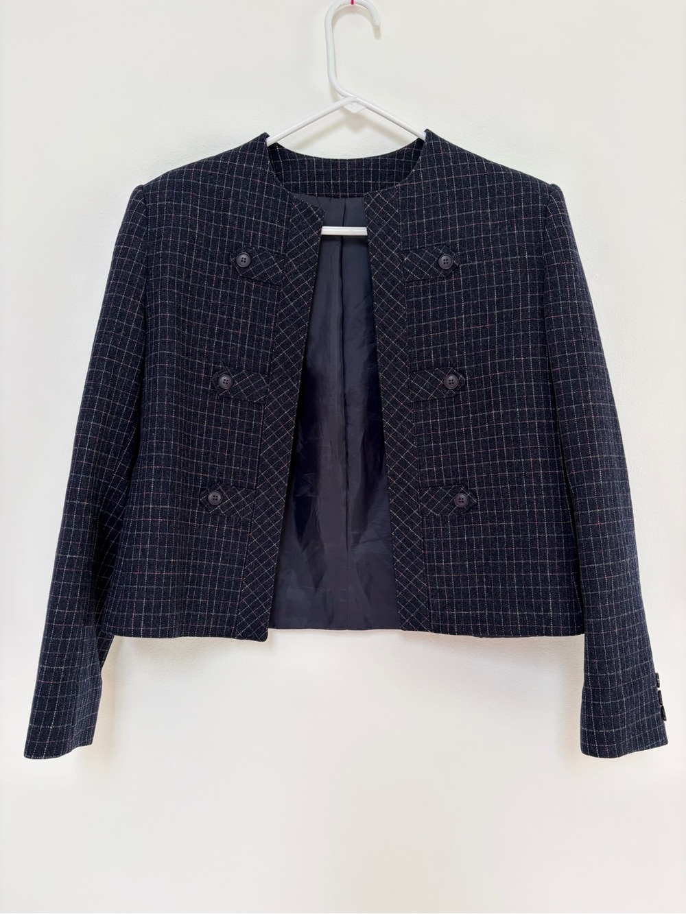 Wool Vintage Grid Cropped Open Blazer Jacket Size 8-10 Navy